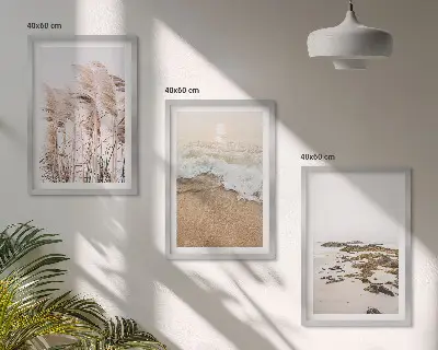 Tavelset med ramar med motiv av strandgräs, vågor och stenar i boho-stil