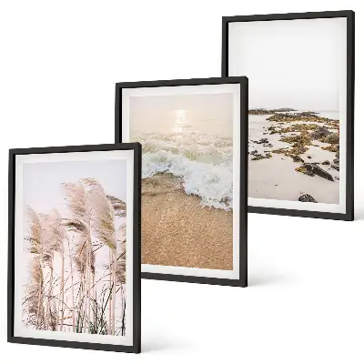 Tavelset med ramar med motiv av strandgräs, vågor och stenar i boho-stil