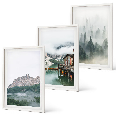 Set om 3 tavlor Berg, sjö, stuga, dimma