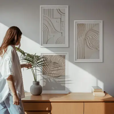 Abstrakta mönster i beige och vitt set om 3 tavlor