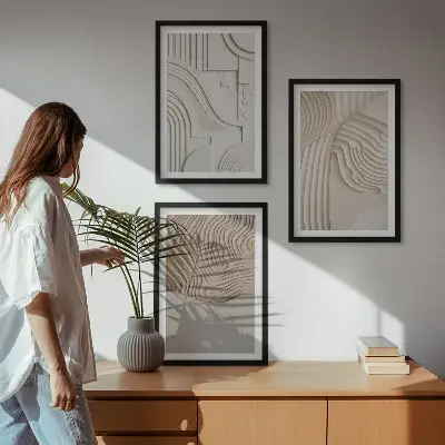 Abstrakta mönster i beige och vitt set om 3 tavlor