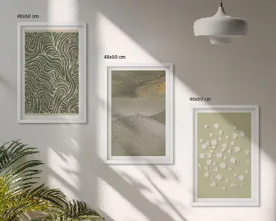 Abstrakt blommotiv med vågmönster set om 3 tavlor