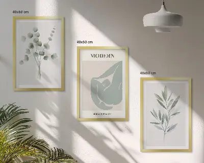 Tavelset med växtmotiv grönt set ovanför soffa