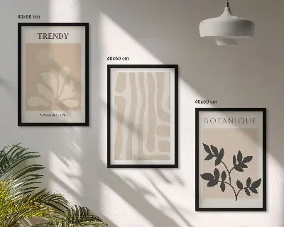 Tavelset för vägg ovanför soffa med snygga växtmönster i beige och svart