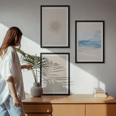 Solvågor abstrakta linjer pastell set om 3 tavlor