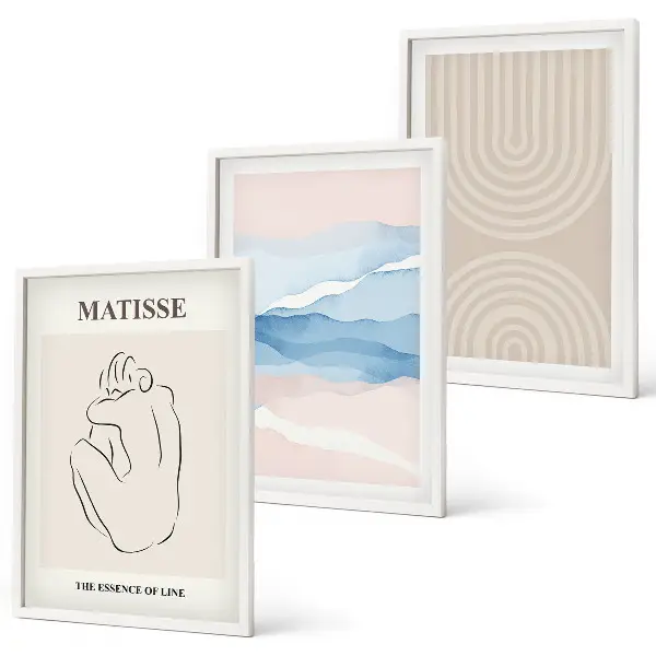 Tavelset för vägg ovanför soffa linjer och vågor i minimalistisk pastell
