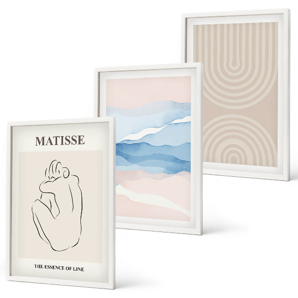 Tavelset ovanför soffa Linjer och vågor, pastell minimalism