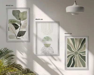 Tavelset med växtmotiv geometriska mönster i gröna toner, 3 delar