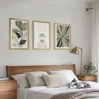 Tavelset med växtmotiv geometriska mönster i gröna toner, 3 delar