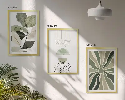 Tavelset med växtmotiv geometriska mönster i gröna toner, 3 delar
