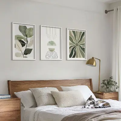 Tavelset med växtmotiv geometriska mönster i gröna toner, 3 delar