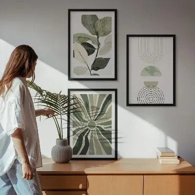 Tavelset med växtmotiv geometriska mönster i gröna toner, 3 delar