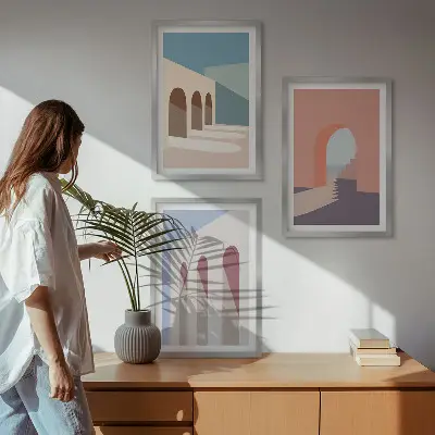 Tavelset för väggen ovanför soffan arkitektonisk grafik i pastellfärger