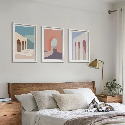 Tavelset för väggen ovanför soffan arkitektonisk grafik i pastellfärger