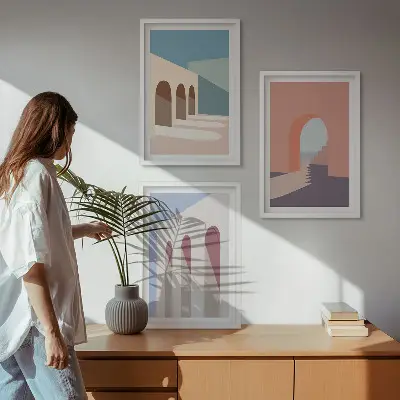 Tavelset för väggen ovanför soffan arkitektonisk grafik i pastellfärger