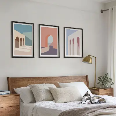 Tavelset för väggen ovanför soffan arkitektonisk grafik i pastellfärger
