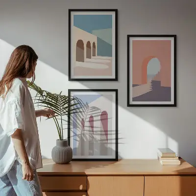 Tavelset för väggen ovanför soffan arkitektonisk grafik i pastellfärger