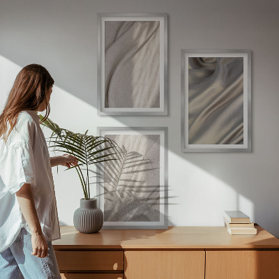 Set om 3 tavlor Naturliga boho-tyger närbild