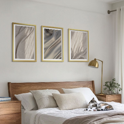 Set om 3 tavlor Naturliga boho-tyger närbild