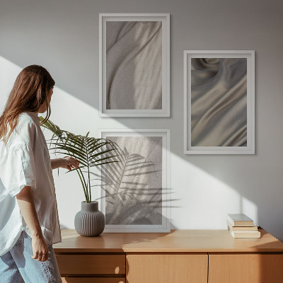 Set om 3 tavlor Naturliga boho-tyger närbild
