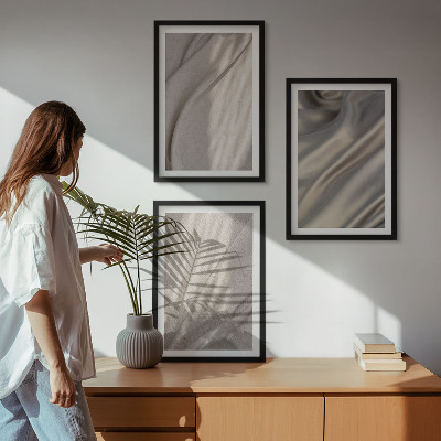 Set om 3 tavlor Naturliga boho-tyger närbild