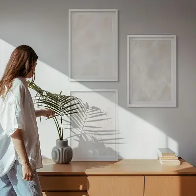 Tavelset ovanför soffa med motiv av elegant marmorstruktur