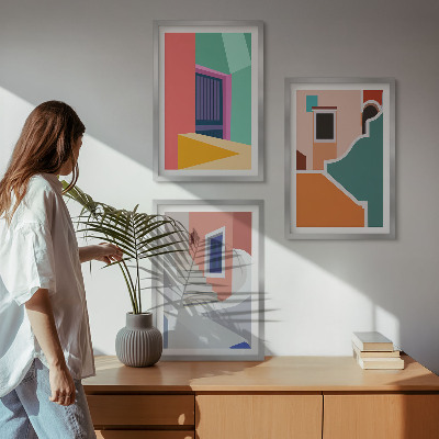 Set om 3 tavlor Färgglada illustrationer av byggnader