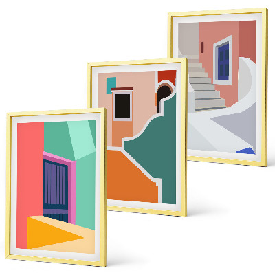 Set om 3 tavlor Färgglada illustrationer av byggnader