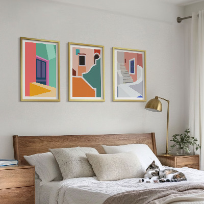 Set om 3 tavlor Färgglada illustrationer av byggnader