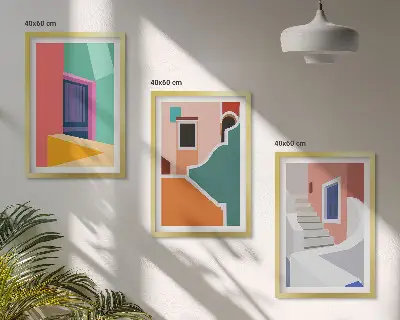 Färgglada illustrationer av byggnader set om 3 tavlor