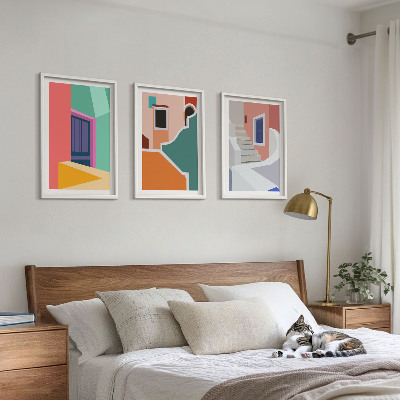 Set om 3 tavlor Färgglada illustrationer av byggnader