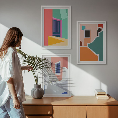 Set om 3 tavlor Färgglada illustrationer av byggnader