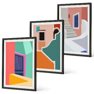 Färgglada illustrationer av byggnader set om 3 tavlor