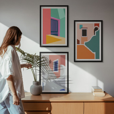 Set om 3 tavlor Färgglada illustrationer av byggnader