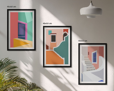 Set om 3 tavlor Färgglada illustrationer av byggnader