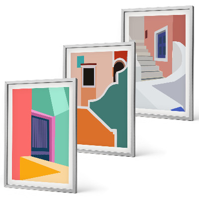 Set om 3 tavlor Färgglada illustrationer av byggnader