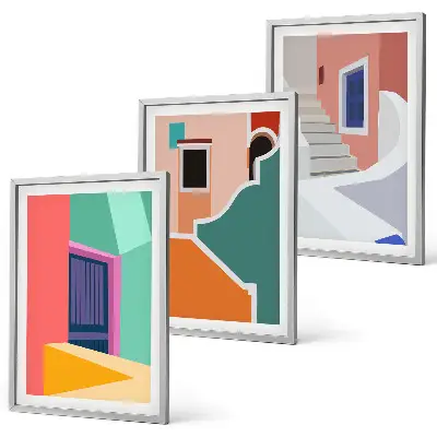 Färgglada illustrationer av byggnader set om 3 tavlor