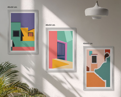 Tavelset ovanför soffa Färgglada illustrationer av staden