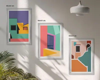 Tavelset med stadsillustrationer färgglada motiv för vägg ovanför soffa