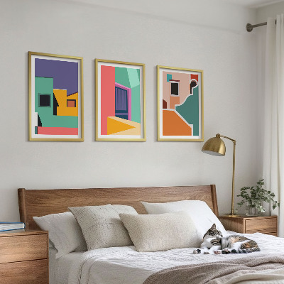 Tavelset ovanför soffa Färgglada illustrationer av staden