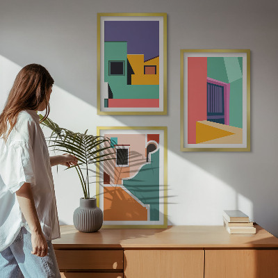 Tavelset ovanför soffa Färgglada illustrationer av staden