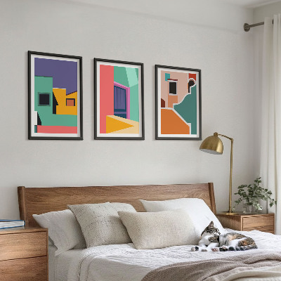 Tavelset ovanför soffa Färgglada illustrationer av staden