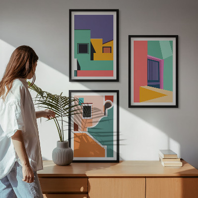 Tavelset ovanför soffa Färgglada illustrationer av staden