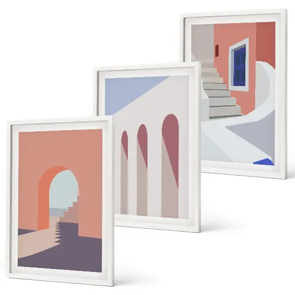 Minimalistiska arkitektoniska illustrationer tavelset för vägg ovanför soffa