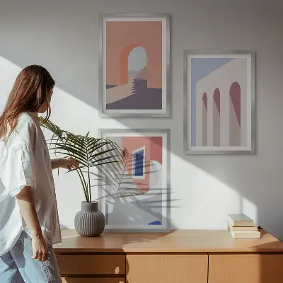 Minimalistiska arkitektoniska illustrationer tavelset för vägg ovanför soffa