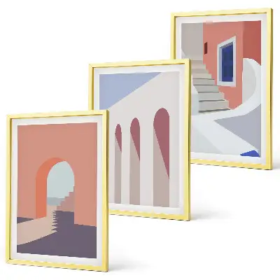 Minimalistiska arkitektoniska illustrationer tavelset för vägg ovanför soffa