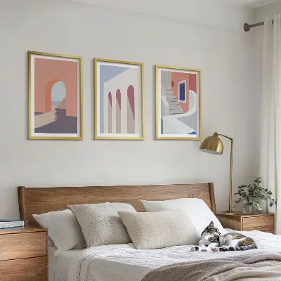 Minimalistiska arkitektoniska illustrationer tavelset för vägg ovanför soffa