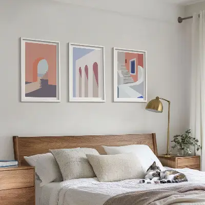Minimalistiska arkitektoniska illustrationer tavelset för vägg ovanför soffa