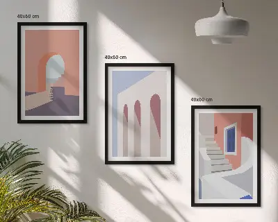 Minimalistiska arkitektoniska illustrationer tavelset för vägg ovanför soffa