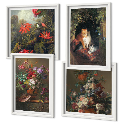 Tavelvägg med 4 tavlor Vintage blommor katter växter